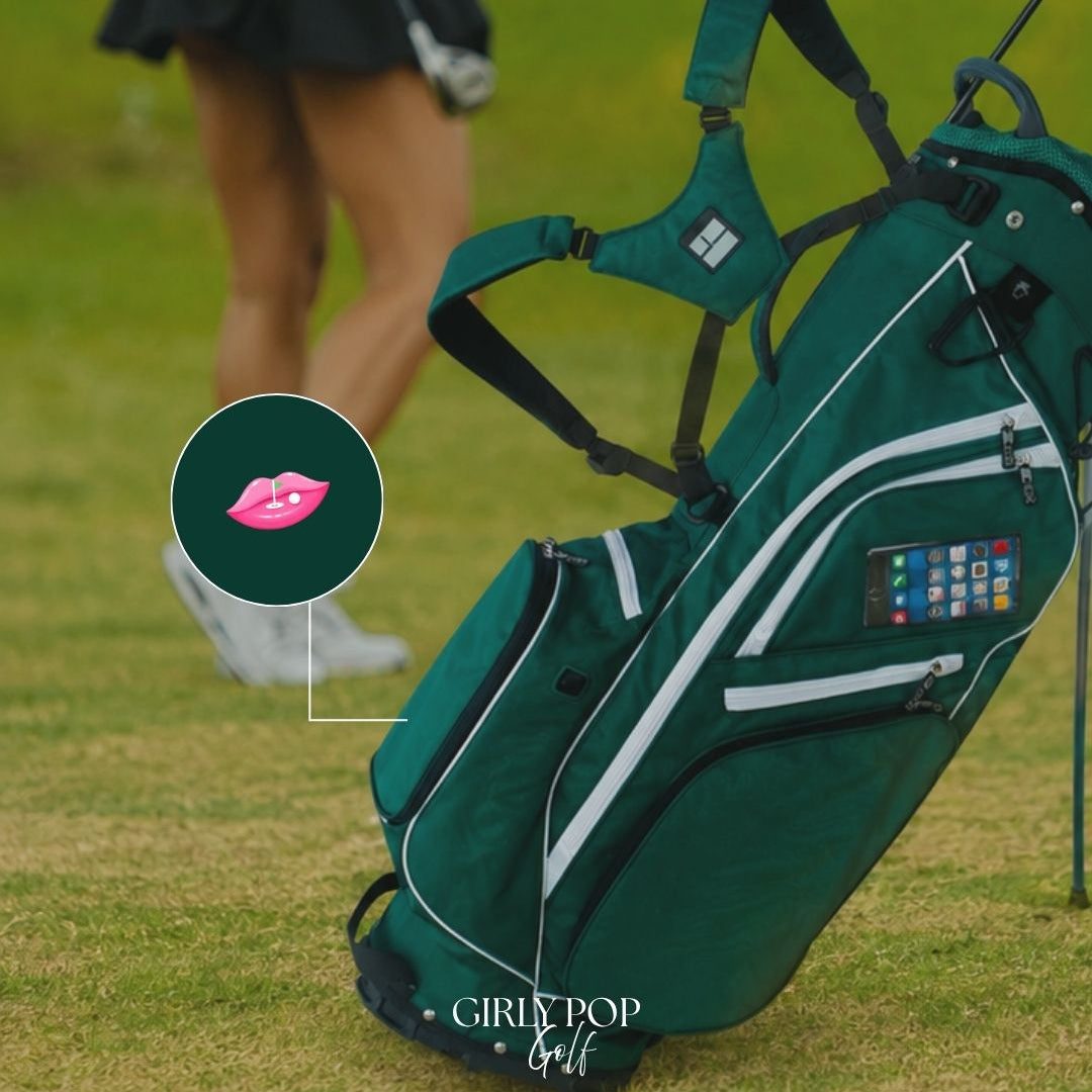 The emerald Girly Pop stand bag on the grass as a member walks past.