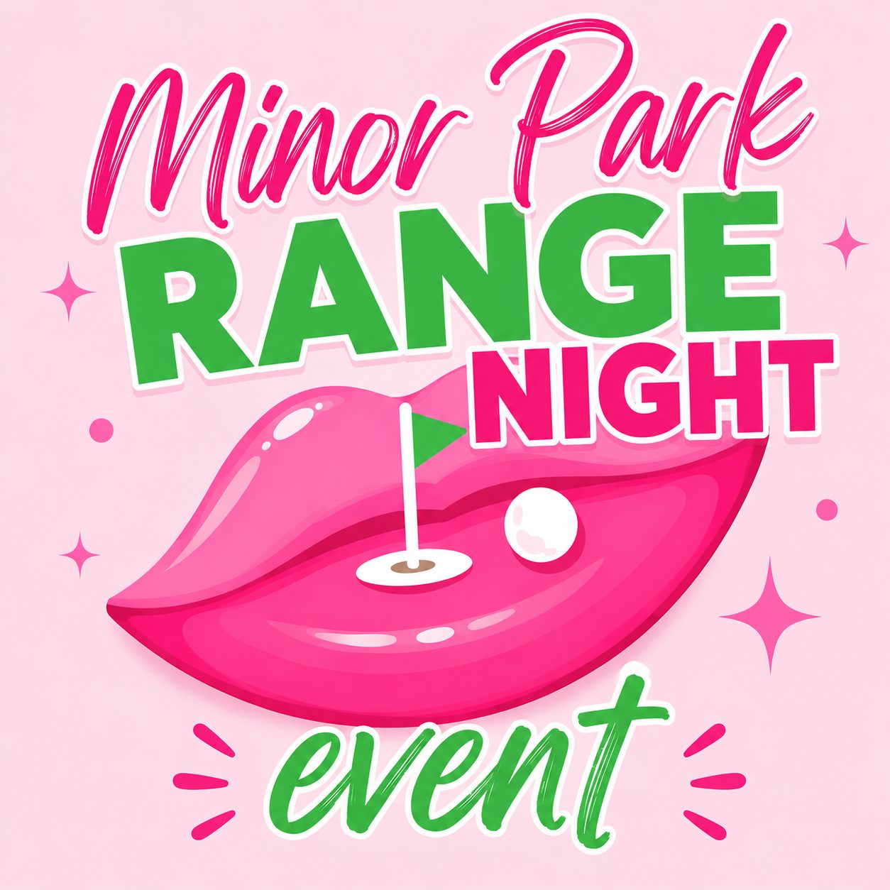 Girly Pop Golf's own Minor Park Range Night poster in pink and green.